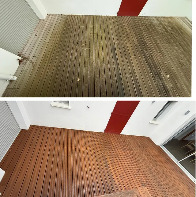 Terrasse d'une maison landaise typique, remise à neuf par brossage